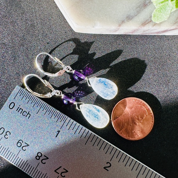 Moonstone and Amethyst Earrings Sterling Silver Lever Back Dangle - Picture 9 of 10